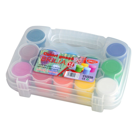 Pictura - Culori guașă BRILIA DACO 12 culori x 20 ml – Set lavabil în cutie cu mâner pentru pictură