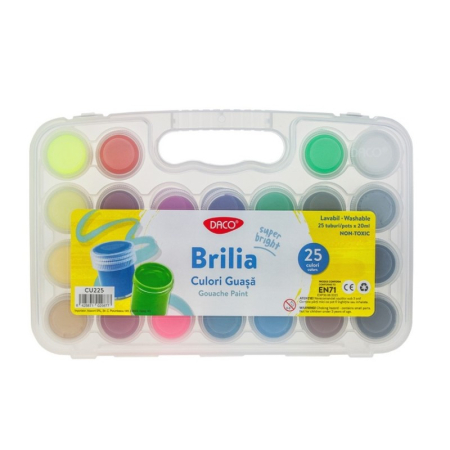 Pictura - Culori guașă BRILIA DACO 25 culori x 20 ml – Set lavabil cu culori neon și metalizate