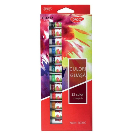 Pictura - Culori guașă DACO 12 culori x 12 ml – Set pentru pictură, școală și hobby