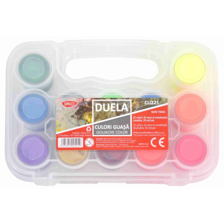 Pictura - Culori guașă DUELA DACO 12 culori (6 neon + 6 metalizate) x 20 ml – Set pentru pictură creativă