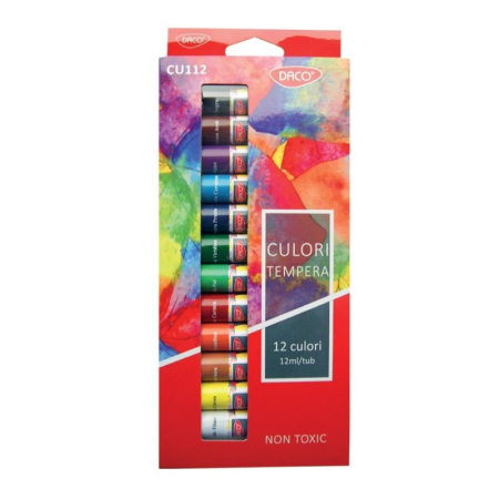 Pictura - Culori tempera DACO 12 culori x 12 ml – Set pentru pictură școlară și hobby