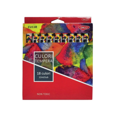 Pictura - Culori tempera DACO 18 culori x 12 ml – Set pentru pictură, școală și hobby