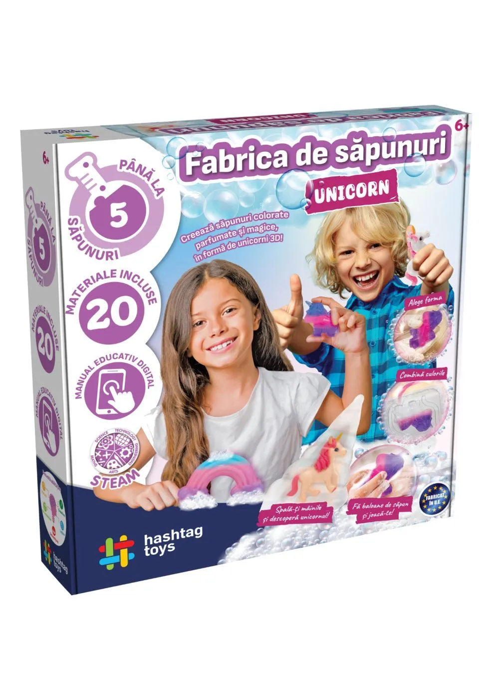 Jocuri - Fabrica de Săpunuri Unicorn – Set creativ STEAM, până la 5 săpunuri, 20 materiale, 6 ani+