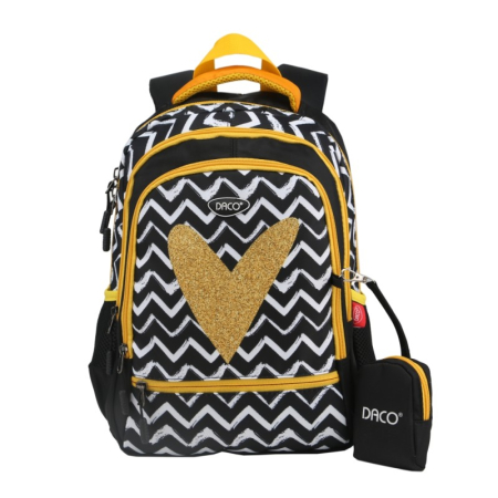 Ghiozdane - Ghiozdan școlar DACO 38 cm cu inimioare – ergonomic, 4 compartimente, borsetă inclusă