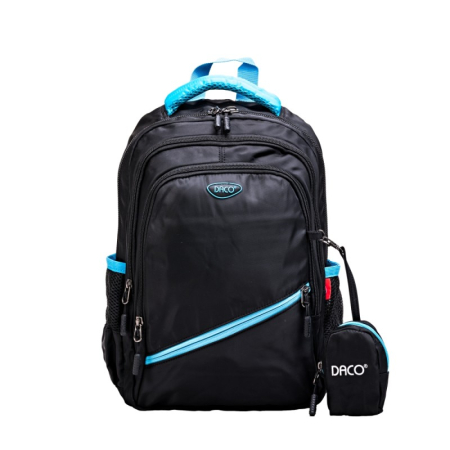 Ghiozdane - Ghiozdan școlar DACO 38 cm Negru & Albastru – ergonomic, 4 compartimente, borsetă inclusă