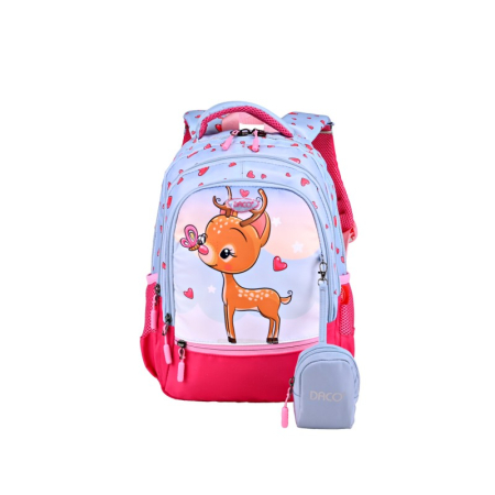 Ghiozdane - Ghiozdan școlar DACO Căprioară 38 cm – ergonomic, 3 compartimente, albastru și roz