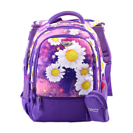 Ghiozdane - Ghiozdan școlar DACO Flowers 38 cm – ergonomic, 4 compartimente, borsetă inclusă