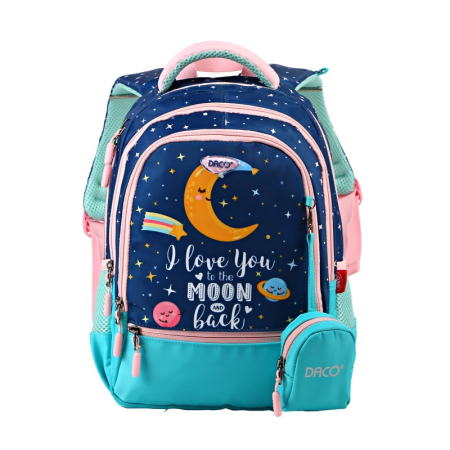 Ghiozdane - Ghiozdan școlar DACO Love You to the Moon and Back 38 cm – ergonomic, 4 compartimente, borsetă inclusă