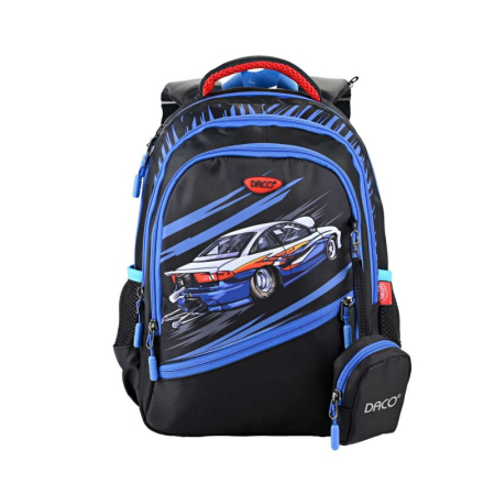 Ghiozdane - Ghiozdan școlar DACO Mașină de Curse 38 cm – ergonomic, 4 compartimente, negru și albastru