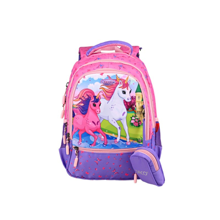 Ghiozdane - Ghiozdan școlar DACO Unicorns 38 cm – ergonomic, 3 compartimente, roz și mov
