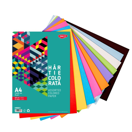 Birotica - Hârtie colorată DACO A4, 80 g/mp, 100 coli, 10 culori – pentru școală, birou și proiecte creative