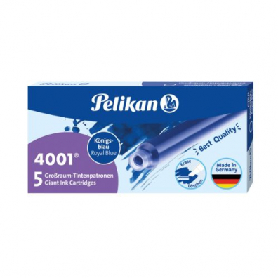 Rechizite - Patroane Cerneală Pelikan 4001 Albastru Royal – Set 5 Patroane Mari pentru Stilou