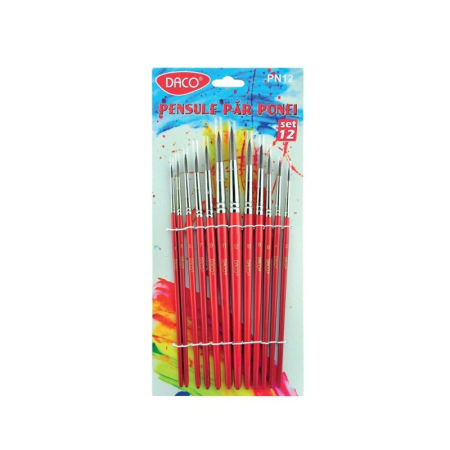 Pictura - Set 12 pensule DACO cu păr natural de ponei și vârf rotund – Mărimi 1-12, pentru acuarelă, tempera și guașă