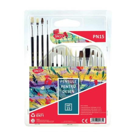 Pictura - Set 15 pensule DACO cu paletă inclusă – Pensule din păr natural de porc și ponei, pentru acuarelă, tempera și pictură