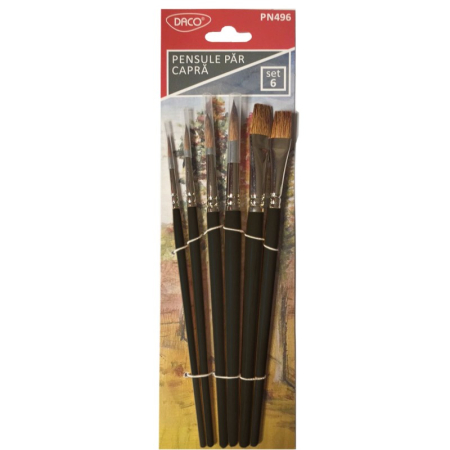 Pictura - Set 6 pensule DACO cu păr de capră – Vârf rotund și drept, pentru acuarelă, acrilic, ulei și tempera