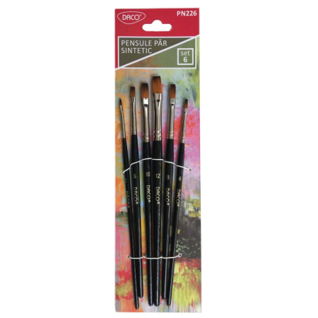 Pictura - Set 6 pensule DACO cu păr sintetic și vârf drept – Mărimi 2-12, pentru acrilic, tempera, acuarelă și guașă