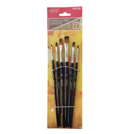 Pictura - Set 6 pensule DACO cu păr sintetic și vârf oblic – Mărimi 2-12, pentru acrilic, acuarelă, tempera și guașă
