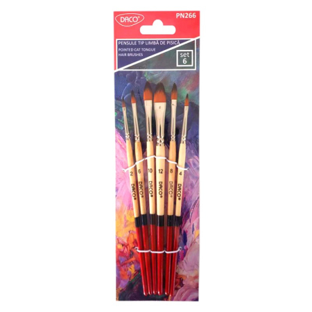 Pictura - Set 6 pensule DACO cu păr sintetic tip limbă de pisică – Mărimi 2, 4, 6, 8, 10 și 12, pentru acrilic, acuarelă, tempera și guașă