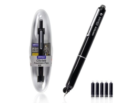 Rechizite - Stilou retractabil Writech negru cu peniță F și 5 patroane cu cerneală albastră