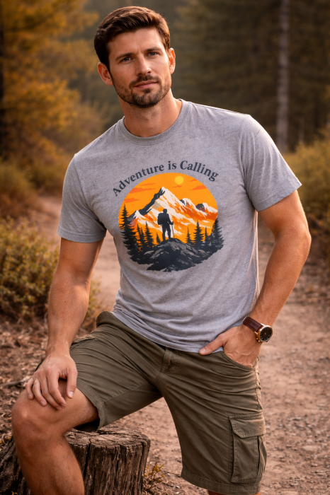 Tricou Adventure is Calling Mannzes cu design munte si drumet in natura, tricou outdoor pentru aventura si drumetii [2]