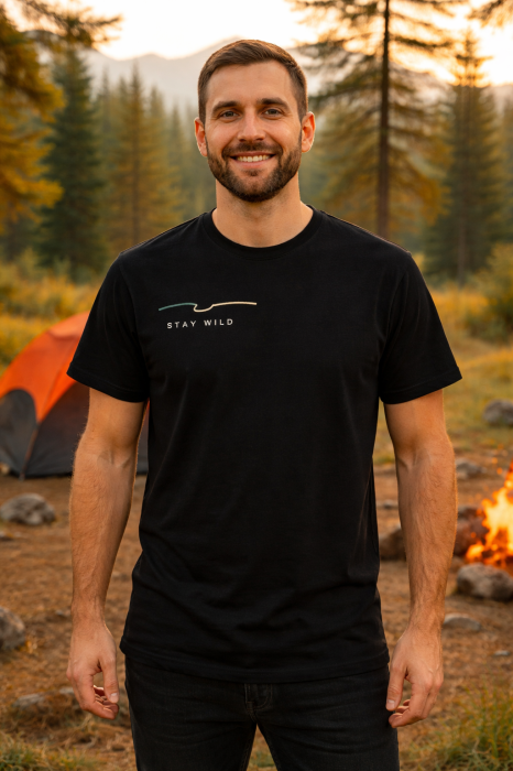 Tricou negru din bumbac premium cu print Stay Wild minimalist Mannzes [3]