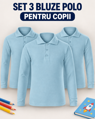 Tricouri Copii - Set 3 tricouri polo copii mânecă lungă albastru deschis Mannzes