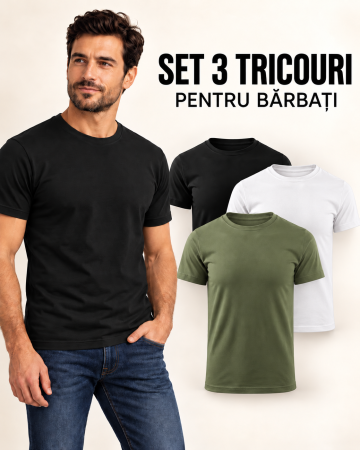 Tricouri simple - Set 3 tricouri simple bărbați alb negru khaki din bumbac Mannzes