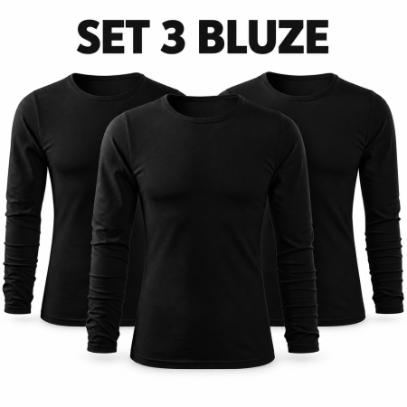 Tricouri - Set 3 tricouri simple negre bărbați cu mânecă lungă Mannzes