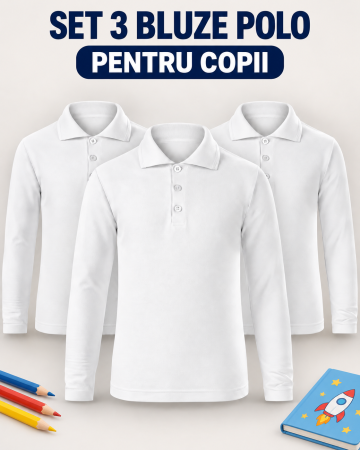 Tricouri - Set 3 tricouri polo albe copii cu mânecă lungă 200 g – Mannzes