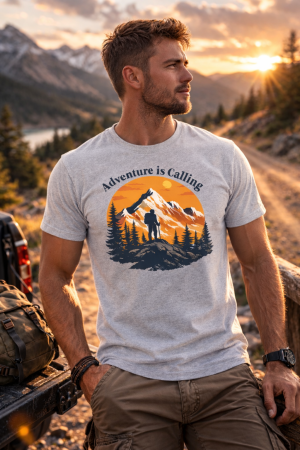 Tricouri Camping & Outdoor - Tricou Adventure is Calling Mannzes cu design munte si drumet in natura, tricou outdoor pentru aventura si drumetii