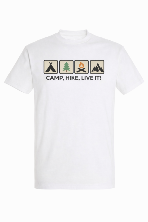 Tricouri Camping & Outdoor - Tricou alb Camp Hike Live It cu iconuri outdoor – Mannzes