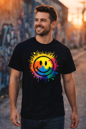 Tricouri Funny - Tricou Good Vibes Only Mannzes gri cu print smiley colorat