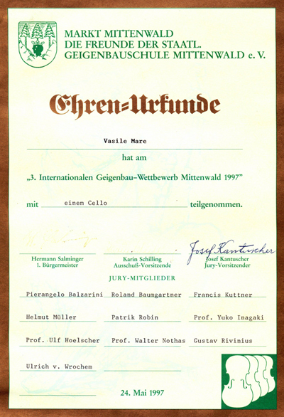 Concursul Internațional de Luterie Mittenwald 1997 Violoncel
