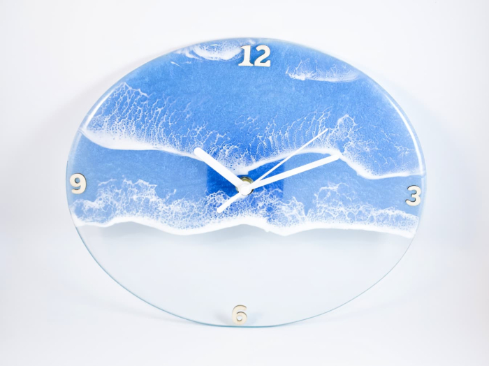 Ceas de perete oval din sticlă lucrat manual – “Valuri Albastre” (22x28x4 cm) [1]