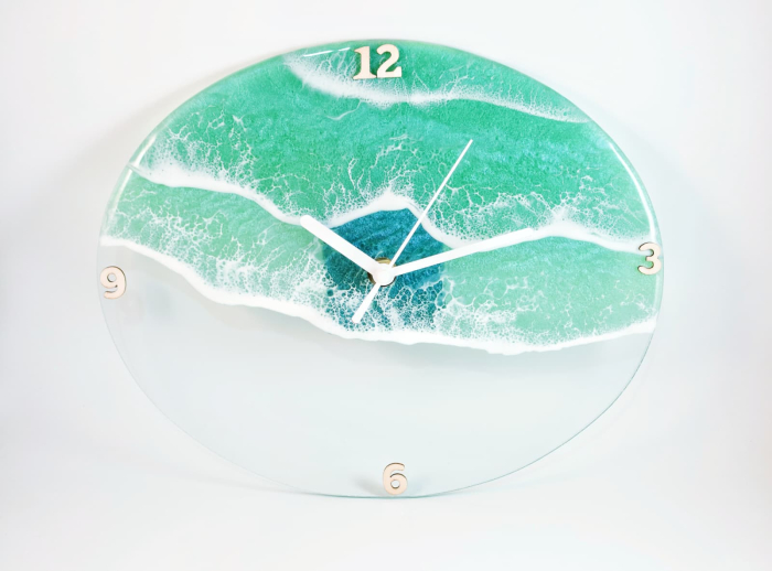Ceas de perete oval din sticlă lucrat manual – “Valuri de Rășină” (22x28x4 cm) [1]