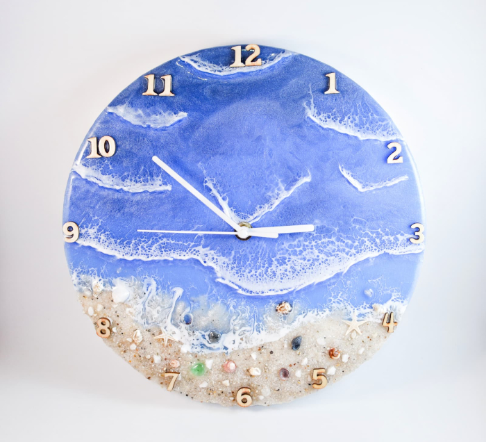 Ceas de Perete Unicat „Valurile Mării” – Rasini Epoxidice & Elemente Naturale, 26 cm [1]