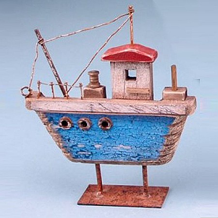 DECORATIUNI - Barca de Pescuit din Lemn pe Suport, bleu,16x13cm