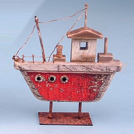 DECORATIUNI - Barca de Pescuit din Lemn pe Suport, rosie,16x13cm