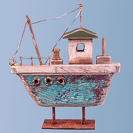 DECORATIUNI - Barca de Pescuit din Lemn pe Suport, verde,16x13cm
