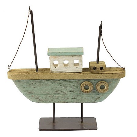 DECORATIUNI - Barca decorativa cu dublu catarg in stil rustic, verde, 21cm