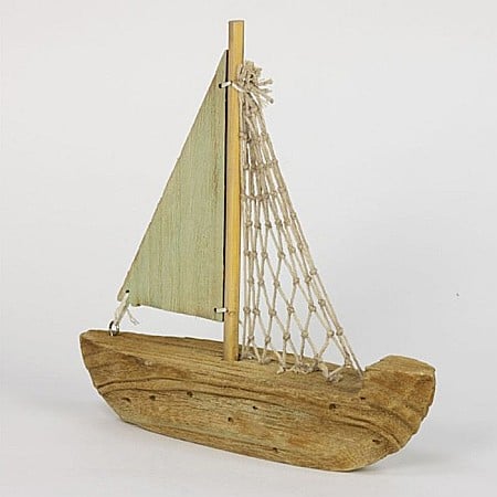 Barci, vapoare, ambarcatiuni - Barca decorativa din lemn cu plasa,  22 cm, Velier