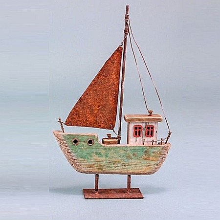 DECORATIUNI - Barca rustica din lemn, cu vela,Bleu, 23cm