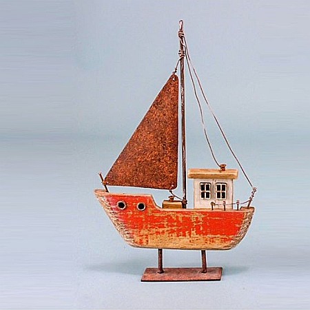 DECORATIUNI - Barca rustica din lemn, cu vela,Rosie, 23cm