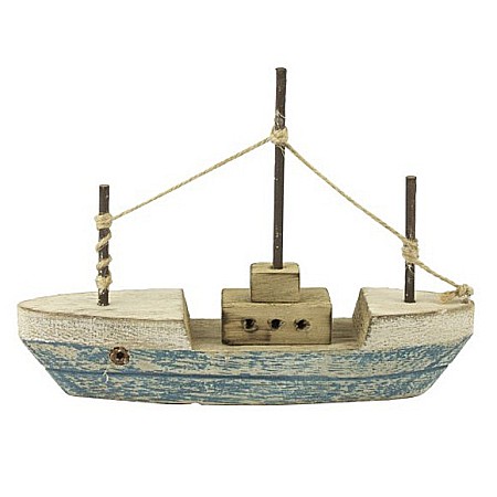 DECORATIUNI - Barca tip Trawler cu 3 catarge, albastra, 18X13cm