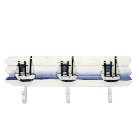 MOBILIER - Cuier din Lemn cu 3 Agatatori si Barci Pescaresti – 42 cm