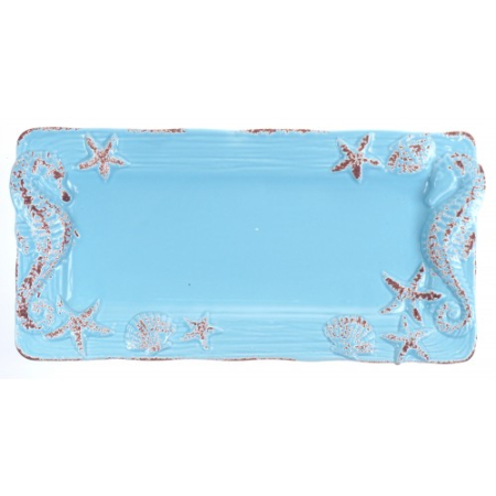 Lumanari decorative si suporturi - Platou din Ceramica cu Caluti si Stele de Mare – 33 x 16 x 2.5 cm