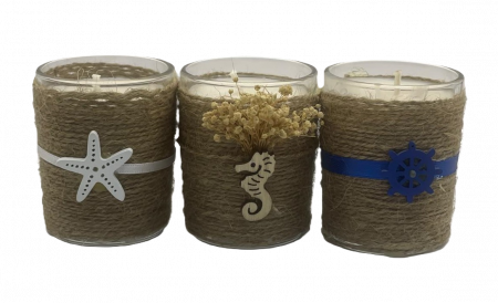 Lumanari decorative si suporturi - Set 3 lumanari in pahar cu sfoara, cu tematica marina