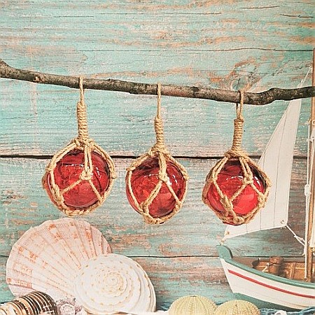 Decoratiuni - Set 3 Plute de pescuit decorative sticla rosie