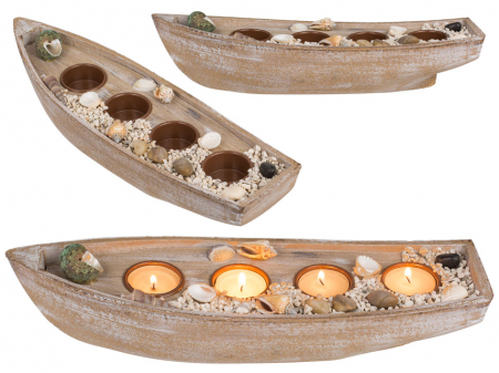 DECORATIUNI - Suport din lemn cu 4 lumanari, in forma de barca, 36CM