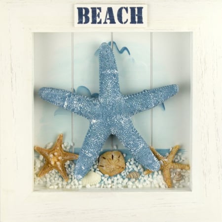 Decoratiuni care se agata - Tablou din lemn cu tematică marină, steluta de mare - 25x25x4cm